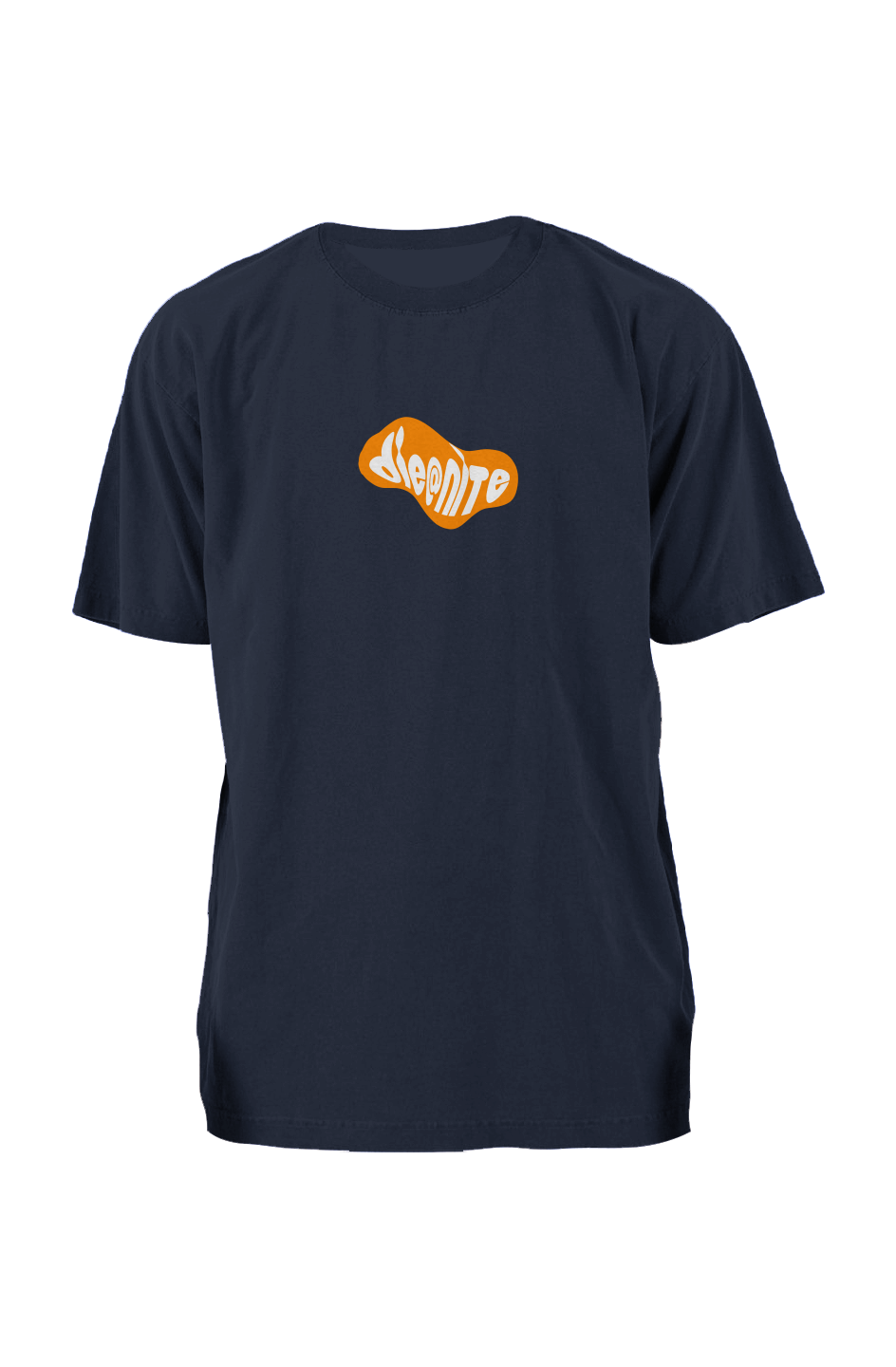 DIE@NITE BLOB TEE in navy, a casual 100% cotton t-shirt featuring a bold orange graphic logo.