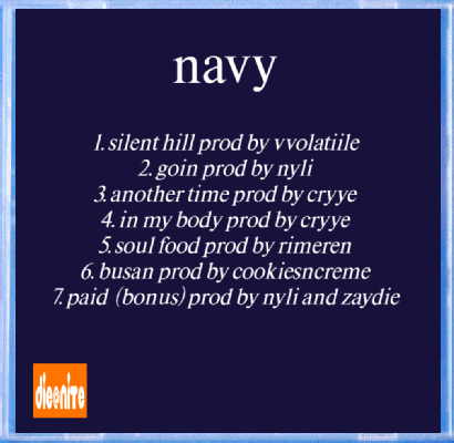 Tracklist for NAVY CD featuring producers like vvolatile, cryye, and cookiesncreme, with bonus track title.